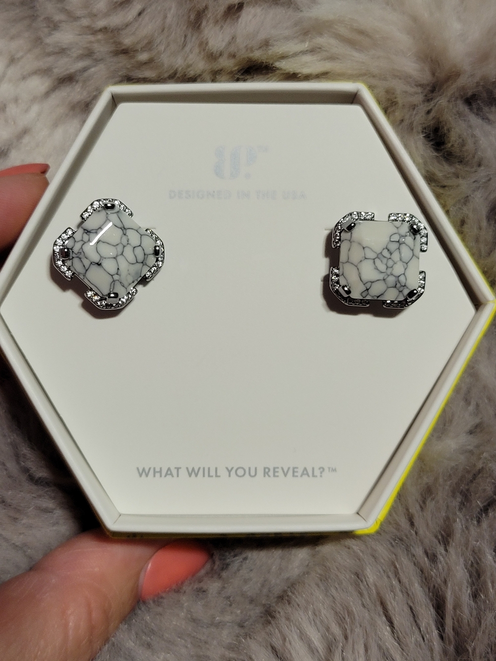 Howlite Square Stud Earrings with Crystal Halo